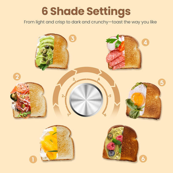 Illustration of toast with different toppings and a dial labeled '6 Shade Settings' on a beige background.