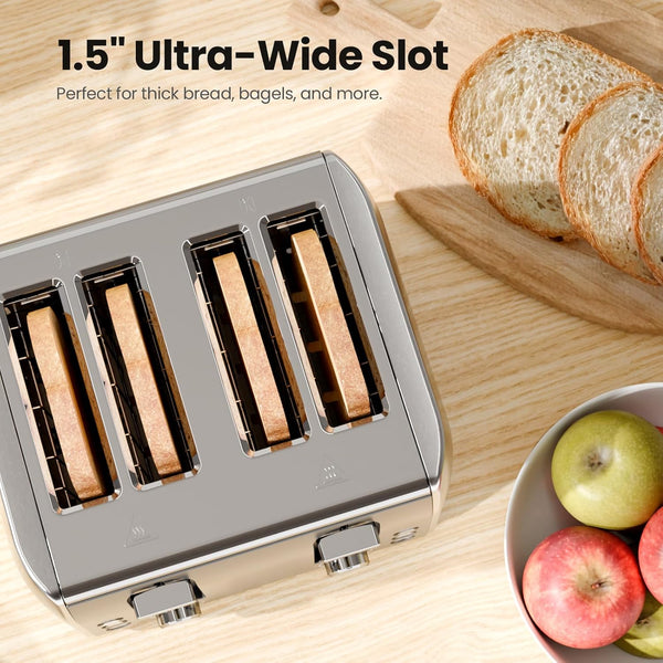 Toaster with sliced bread on a wooden surface, surrounded by apples.