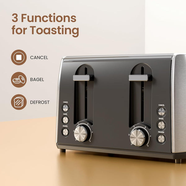 Gray toaster with control knobs and icons on a beige background
