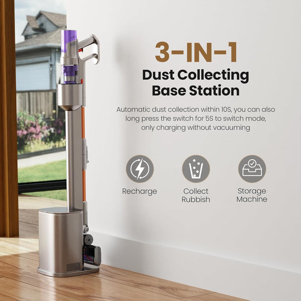 3-in-1 dust collecting base station with vacuum cleaner on a wooden floor.