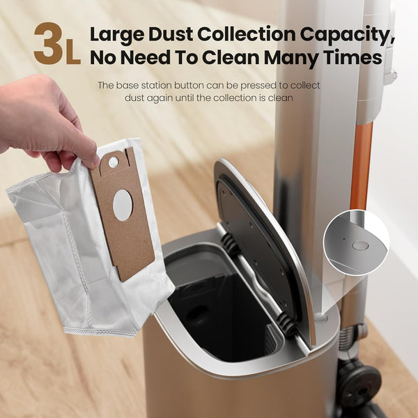 Vacuum cleaner with dust collection system and text highlighting large dust capacity.