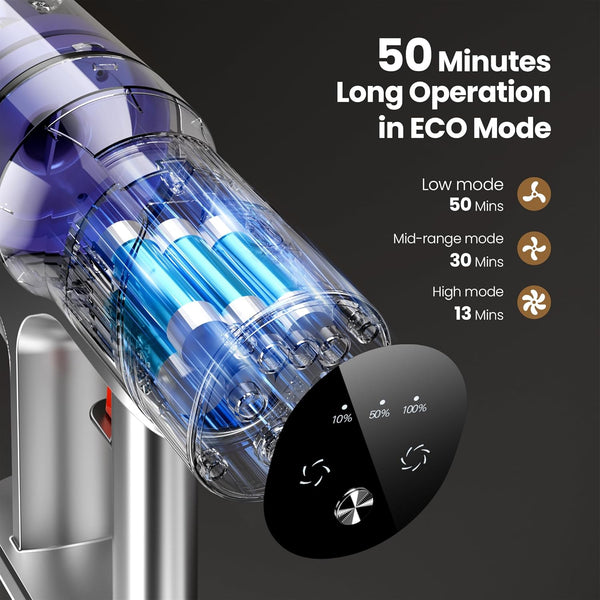 Handheld vacuum cleaner with clear blue interior and control panel on a dark background