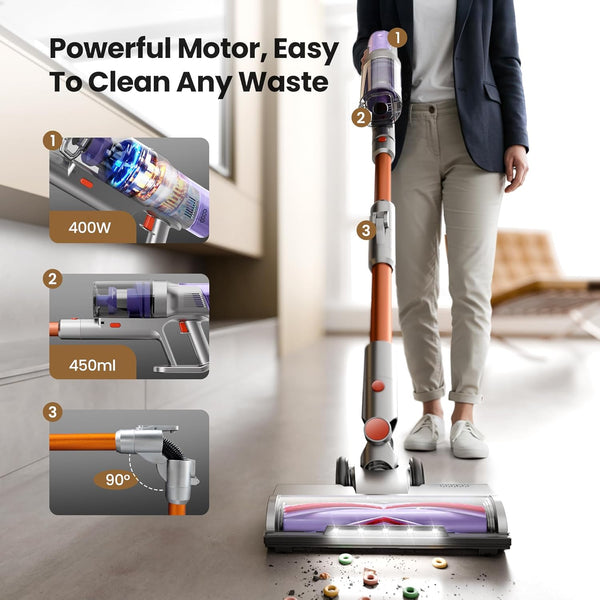 Person using a vacuum cleaner with features highlighted on a white background