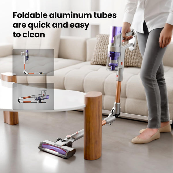 Person using a vacuum cleaner in a living room with text about foldable aluminum tubes.