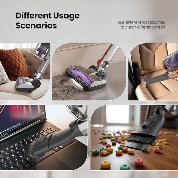 Collage of a vacuum cleaner with different attachments used in various scenarios.