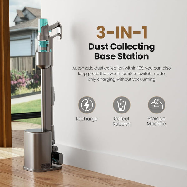 3-in-1 dust collecting base station with charging and storage functions on a wooden floor.