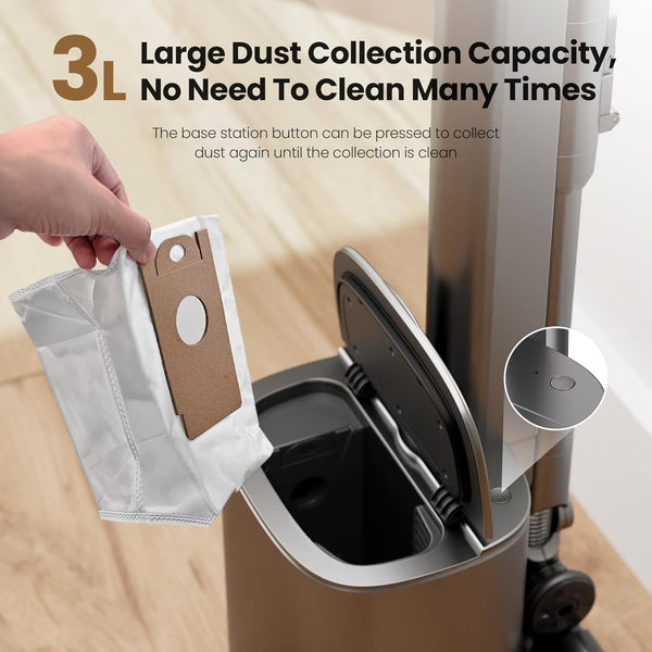 Vacuum cleaner with dust collection system and text highlighting large dust capacity.