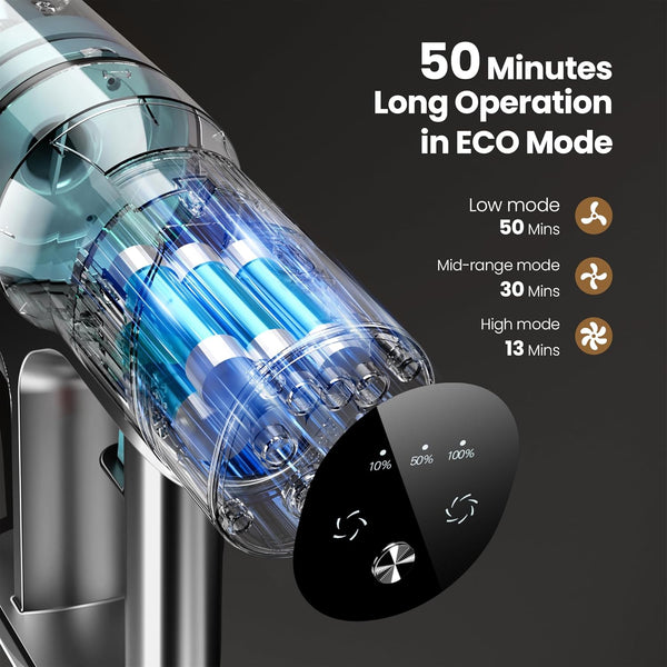 Electronic device with blue interior and control panel on a black background, displaying operation mode text.