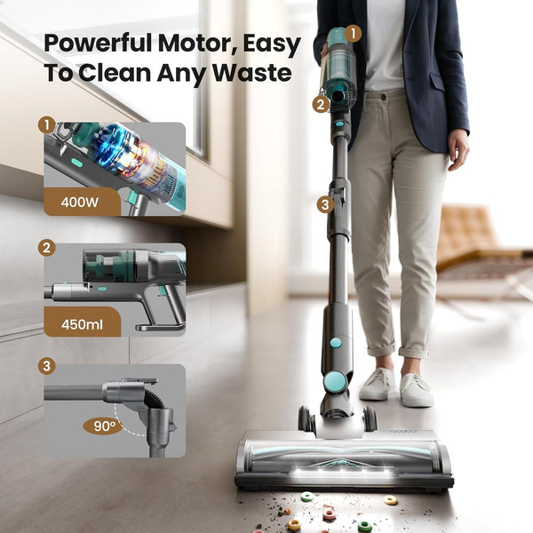 Person using a vacuum cleaner with features highlighted on a white background