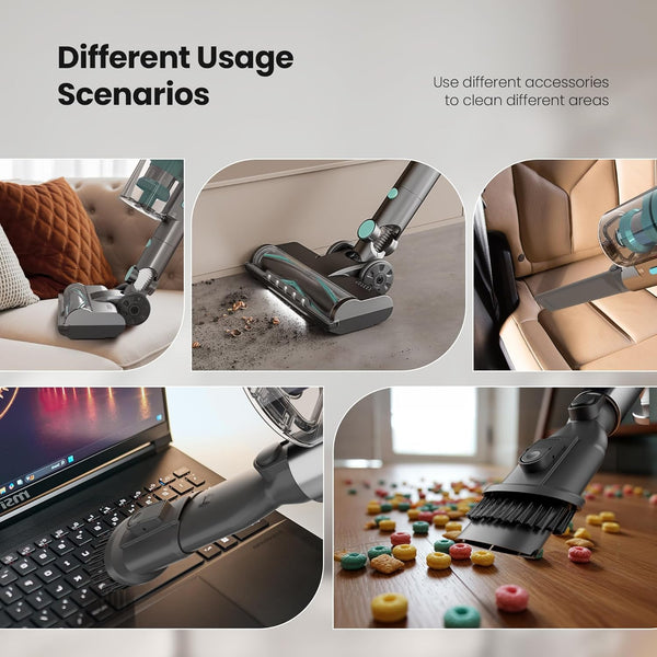 Collage of a vacuum cleaner with various attachments used in different cleaning scenarios.