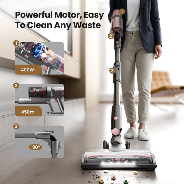 Person using a vacuum cleaner with features highlighted on the screen
