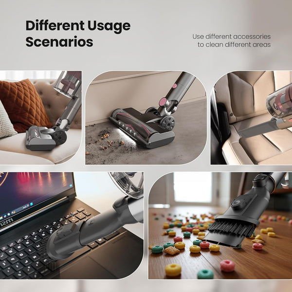 Collage of a vacuum cleaner with different attachments used in various cleaning scenarios.