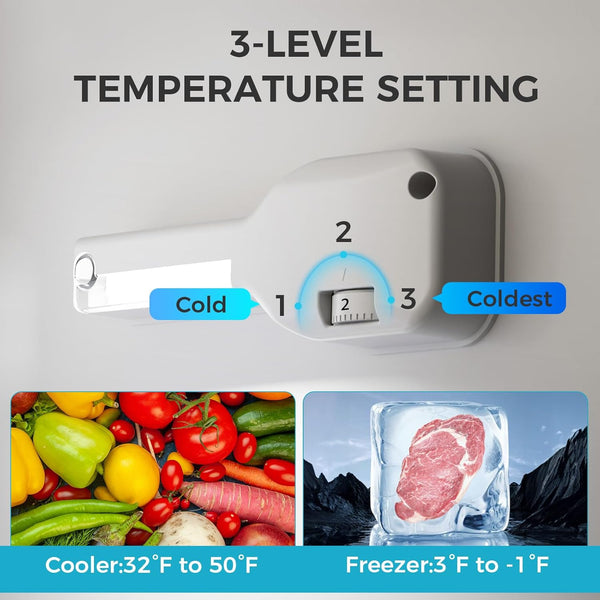 Temperature controller with 3-level setting for cooler and freezer, showing vegetables and meat images.