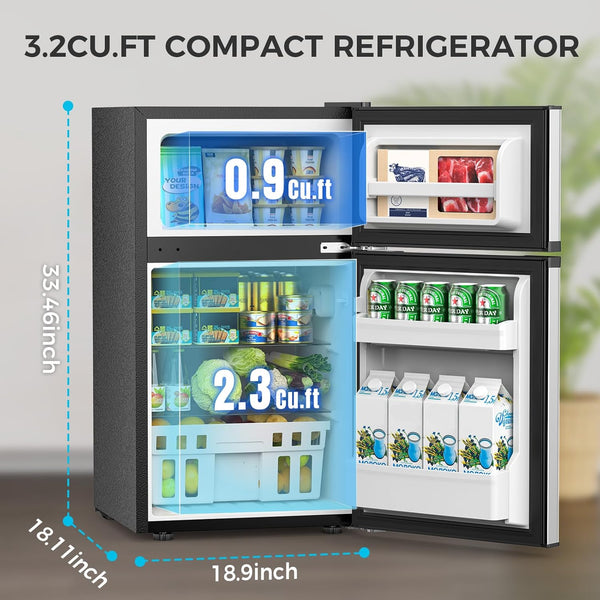 Compact refrigerator with interior compartments and dimensions displayed