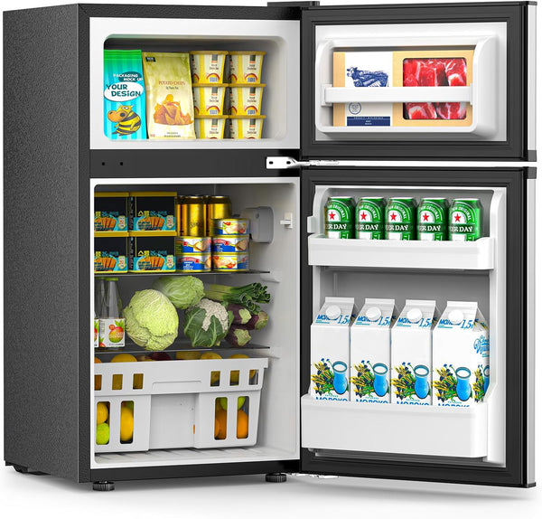 Small refrigerator with open doors displaying various food items and drinks.