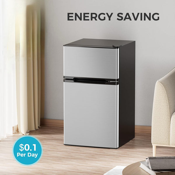 Small refrigerator with energy saving label and cost per day indicator in a room setting.