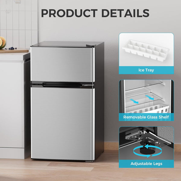 Small refrigerator with features highlighted on a kitchen background