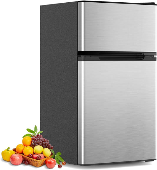 Small refrigerator with a basket of fruits on a white background