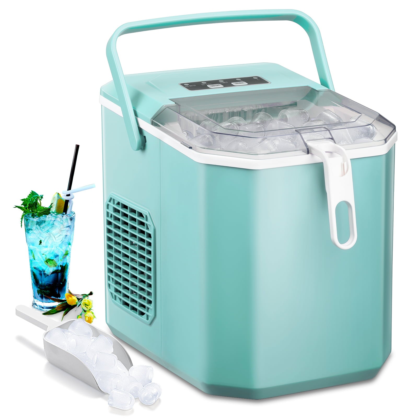Kndko 26lbs Countertop Ice Maker, Bullet Ice Type in 2 Sizes(S/L), Self-Cleaning Handheld Ice Basket, Green