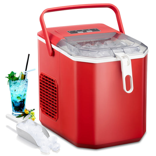 Kndko 26lbs Countertop Ice Maker, Bullet Ice Type in 2 Sizes(S/L), Self-Cleaning Handheld Ice Basket, Red