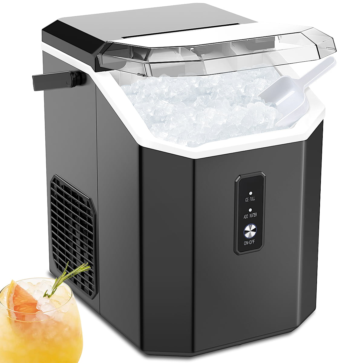 Kndko 33lbs Chewable Nugget Ice Maker with Crushed Ice, Ready in 7 Mins, Sonic Ice Machine with Handle, Black