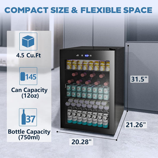 Beverage Refrigerator Cooler 4.5 Cu.Ft,145 Can Mini Fridge with Glass Door  W58128BH