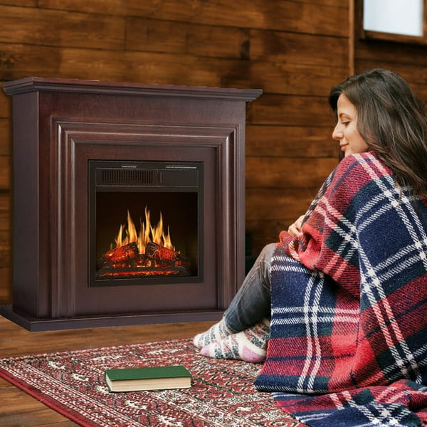 KISSAIR Electric Fireplace Mantel Wooden Surround Firebox - Freestanding Fireplace with Remote Control, Home Space Heather, Adjustable Led Flame, 750W/1500W, 36”, Brown