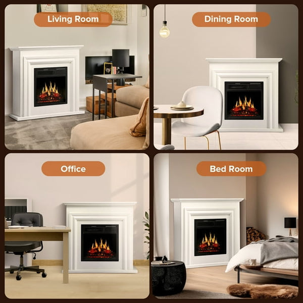 Auseo Electric Fireplace Mantel Wooden Surround Firebox, Free Standing Fireplace, with Remote Control, Adjustable LED Flame, 750W/1500W -（White）