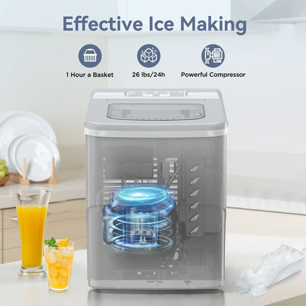 Kndko Countertop Ice Maker 26lbs, 9Pcs/6Mins, 2 Sizes of Bullet-Shaped with Scoop & Basket, Grey