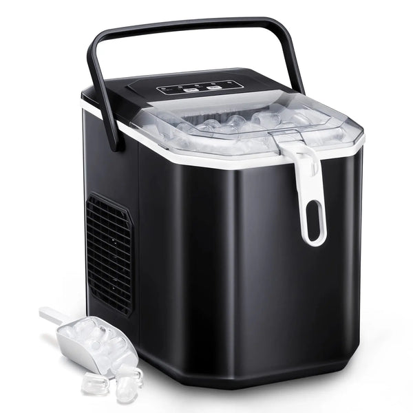 Auseo Ice Makers Countertop, Ice Machine with Handle, 26Lbs in 24Hrs, 9 Cubes Ready in 6 Mins, Self-Cleaning Portable Ice Maker, 2 Sizes of Bullet Ice Cubes for Home and Office