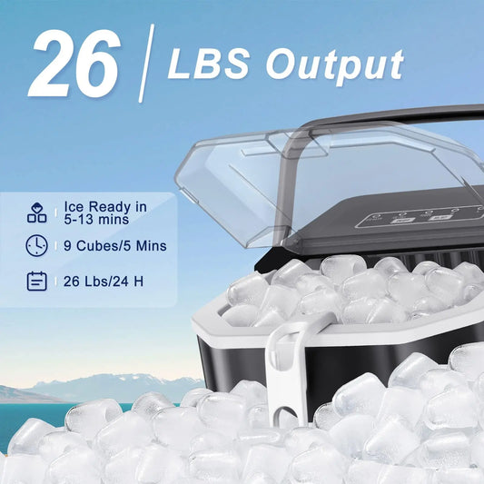Aglucky Ice Makers Countertop, Ice Machine with Handle, 26Lbs in 24Hrs, 9 Cubes Ready in 6 Mins, Self-Cleaning Portable Ice Maker, 2 Sizes of Bullet Ice Cubes for Home and Office agluckyshop