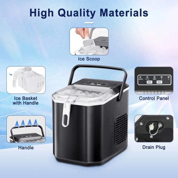 Auseo Portable Ice Maker Countertop, 9Pcs/8Mins, 26lbs/24H, Self-Cleaning  Ice Machine with Handle for Kitchen/Office/Bar/Party(Black)