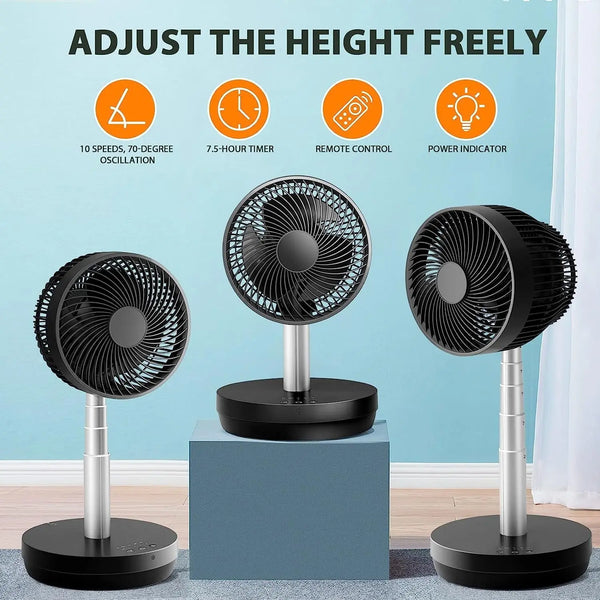 Kissair Portable Foldable Pedestal Fan- Rechargeable Battery Folding Standing Table Fan with 10 Speeds with Remote Control-White