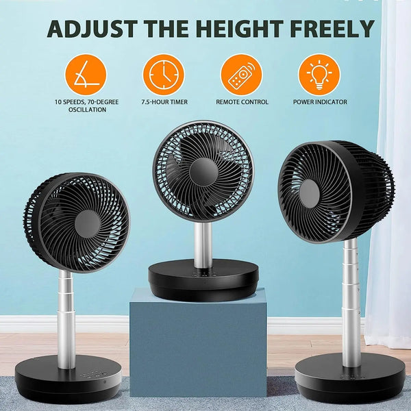 AGLUCKY Portable Foldable Pedestal Fan- Rechargeable Battery Folding Standing Table Fan with 10 Speeds with Remote Control-White