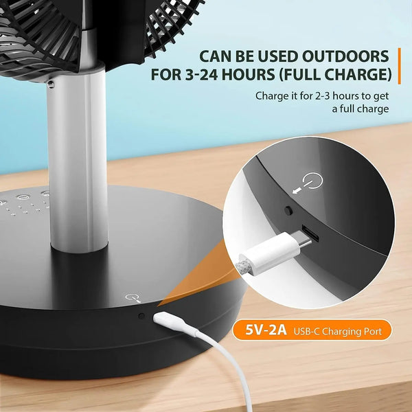 Kissair Portable Foldable Pedestal Fan- Rechargeable Battery Folding Standing Table Fan with 10 Speeds with Remote Control-White