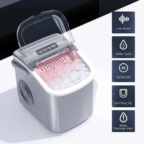 AGLUCKY Countertop Ice Maker Machine 6-Minute Fast Bullet Ice Simple Handle Automatic Cleaning Suitable for Household Small Student Dormitory and Bar Party