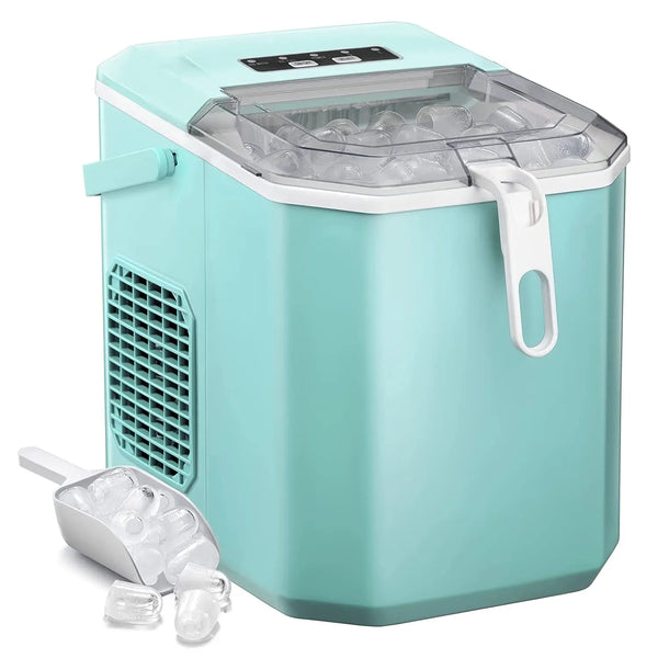 AGLUCKY Ice Makers Countertop, Ice Machine with Handle, 26Lbs in 24Hrs, 9 Cubes Ready in 6 Mins, Self-Cleaning Portable Ice Maker, 2 Sizes of Bullet Ice Cubes for Home and Office, Green