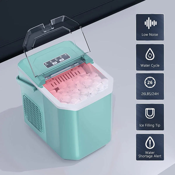 AGLUCKY Ice Makers Countertop, Ice Machine with Handle, 26Lbs in 24Hrs, 9 Cubes Ready in 6 Mins, Self-Cleaning Portable Ice Maker, 2 Sizes of Bullet Ice Cubes for Home and Office, Green