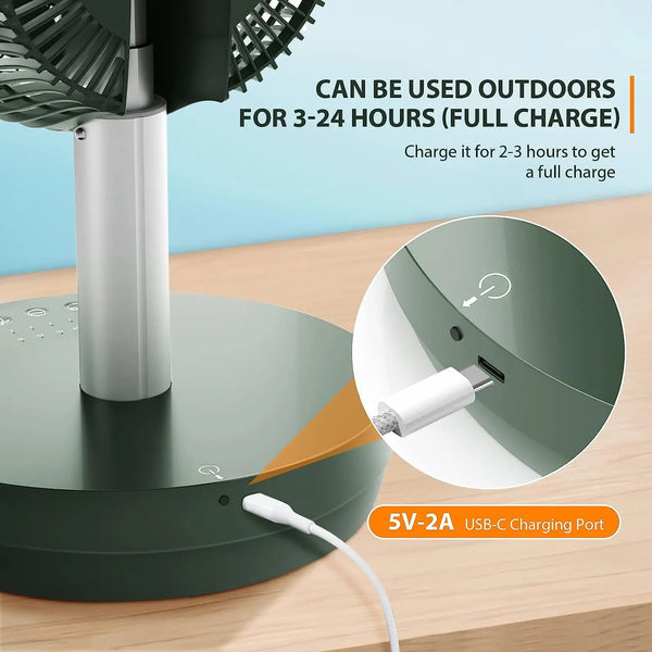 Kissair Portable Foldable Pedestal Fan- Rechargeable Battery Folding Standing Table Fan with 10 Speeds with Remote Control-White