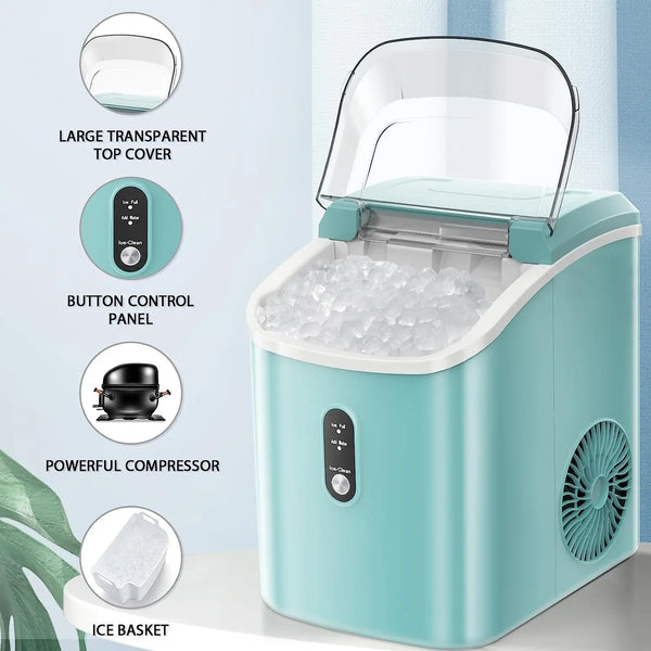 Aglucky Nugget Countertop Ice Maker with Soft Chewable Pellet Ice, Automatic 34lbs in 24 Hours,Pebble Portable Ice Machine with Ice Scoop, Self-Cleaning, One-Click Operation, for Kitchen,Office Green