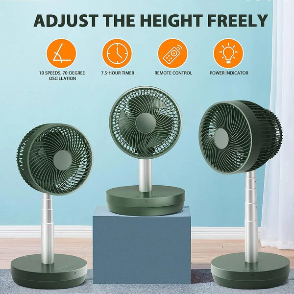 Kissair Portable Foldable Pedestal Fan- Rechargeable Battery Folding Standing Table Fan with 10 Speeds with Remote Control-White
