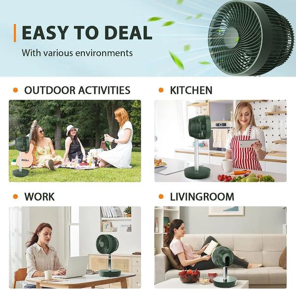 Kissair Portable Foldable Pedestal Fan- Rechargeable Battery Folding Standing Table Fan with 10 Speeds with Remote Control-White