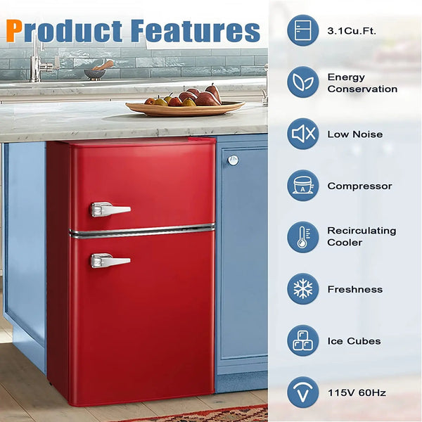 Mini Refrigerator 3.1Cu.Ft Compact Fridge 2-Double Doors with a Freezer Low Noise Defrost Storage of Beverages Vegetables and Fruits for Home Office Dormitory 115 Volt 60 Hz AC Only Red