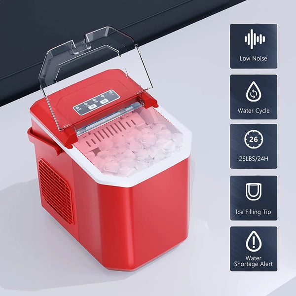 AGLUCKY Ice Makers Countertop, Ice Machine with Handle, 26Lbs in 24Hrs, 9 Cubes Ready in 6 Mins, Self-Cleaning Portable Ice Maker, 2 Sizes of Bullet Ice Cubes for Home and Office, Black