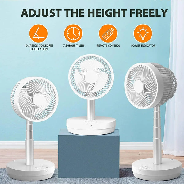 AGLUCKY Portable Foldable Pedestal Fan- Rechargeable Battery Folding Standing Table Fan with 10 Speeds with Remote Control-White