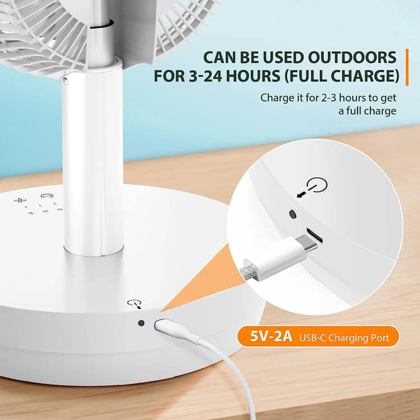 Kissair Portable Foldable Pedestal Fan- Rechargeable Battery Folding Standing Table Fan with 10 Speeds with Remote Control-White