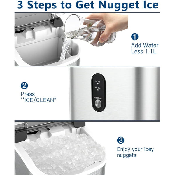JOY PEBBLE 33lbs Stainless Steel Countertop Ice Maker, Crushed Nugget Ice Type with Scoop, Cubes Ready in 10 Mins, Silver