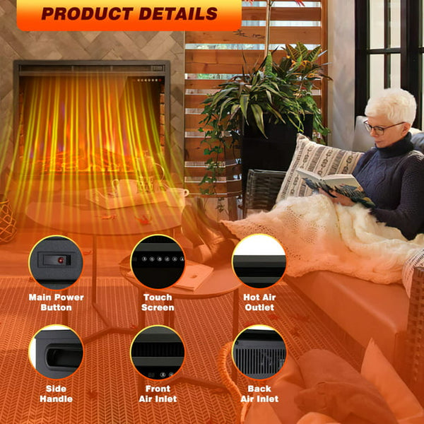 KISSAIR Electric Fireplace, 36inch Insert Electric Heater with Touch Screen, Colorful Flame & Timer Control, 750W-1500W and Classic (Black)
