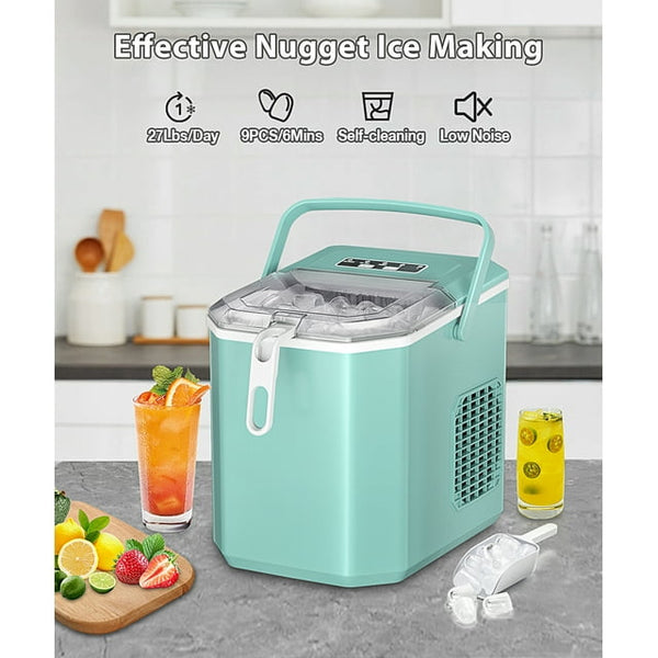 Besttey Countertop Ice Maker, 26lbs/Day, 2 Ice Sizes(S/L), Self-Cleaning w/ Ice Scoop and Basket, Handheld Ice Maker, Green agluckyshop