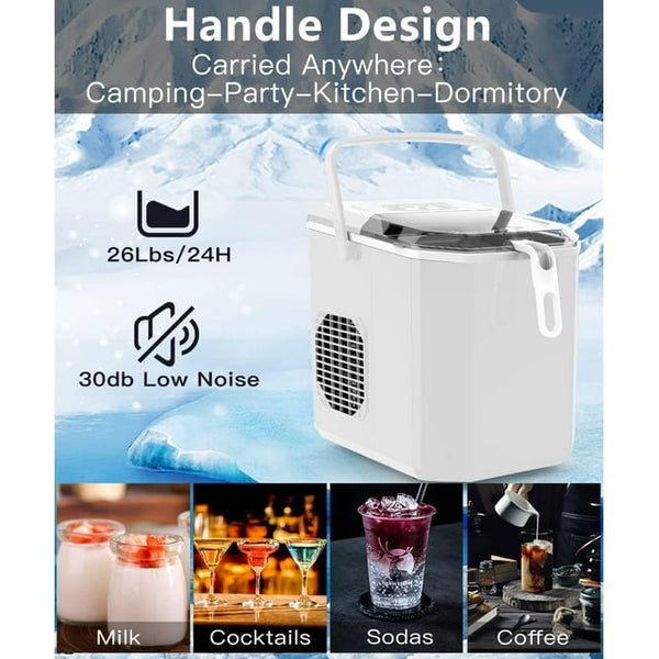 Kndko 26lbs Countertop Ice Maker, Bullet Ice Type in 2 Sizes(S/L), Self-Cleaning Handheld Ice Basket, White
